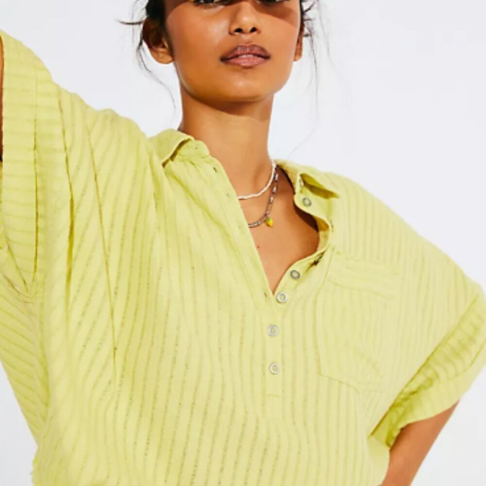 Free People We The Free Ava Top Blouse Textured Cotton Lime Green Gimlet Size M